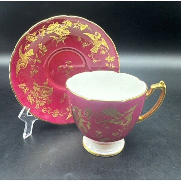 VTG Coalport BURGUNDY & GOLD Birds Bone China Footed Teacup & Saucer England - Picture 1 of 14